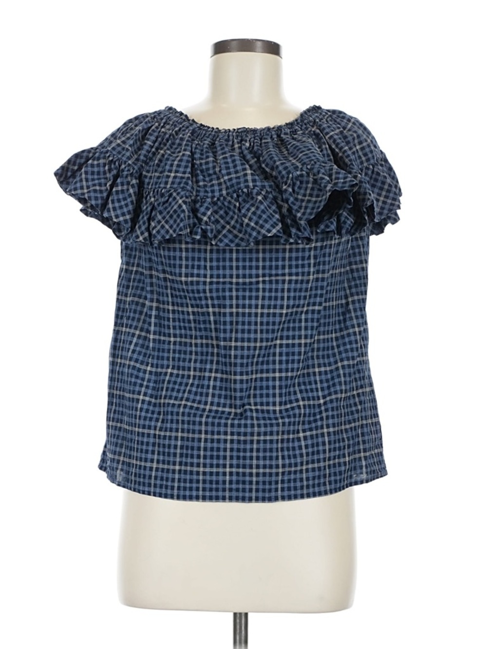 Hache Blue Plaid Ruffle Off-Shoulder Top